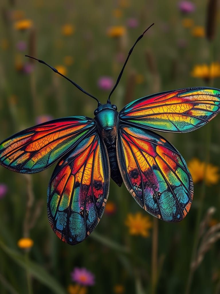A close-up study of a pair of iridescent beetle wings, rende...