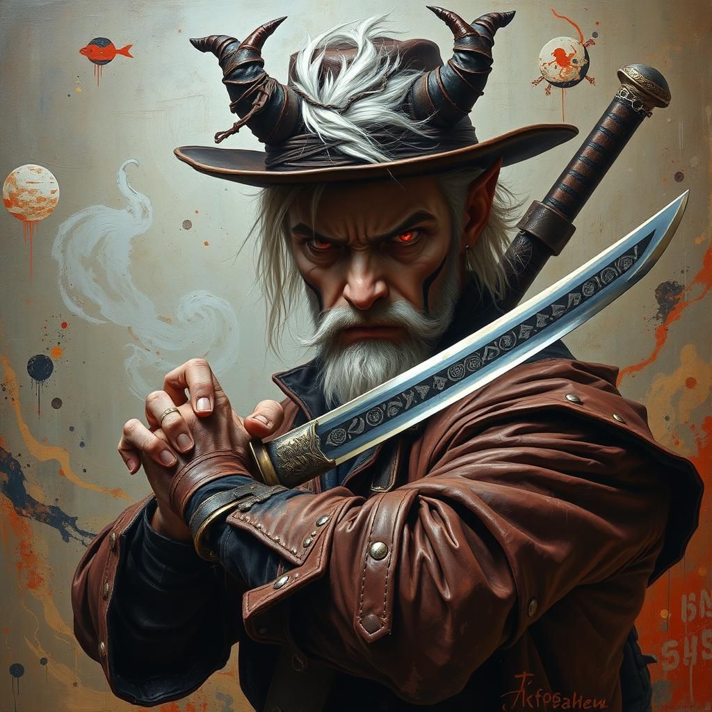 Half-Demon Swordsman in Dark Surreal Oil Painting