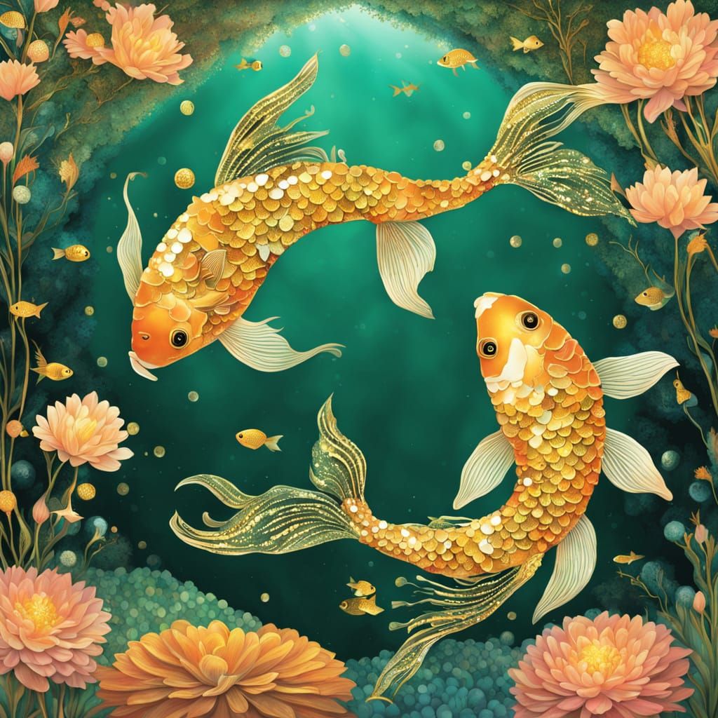 Majestic Yin Yang Koi Fish in Sequined Aquatic Wonderland