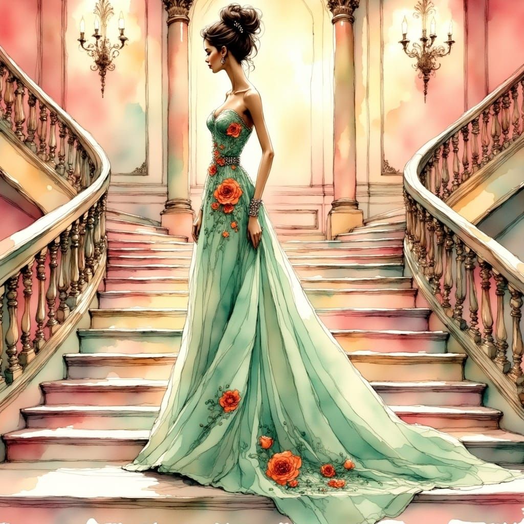 Luxurious Fashion Doll on Grand Staircase