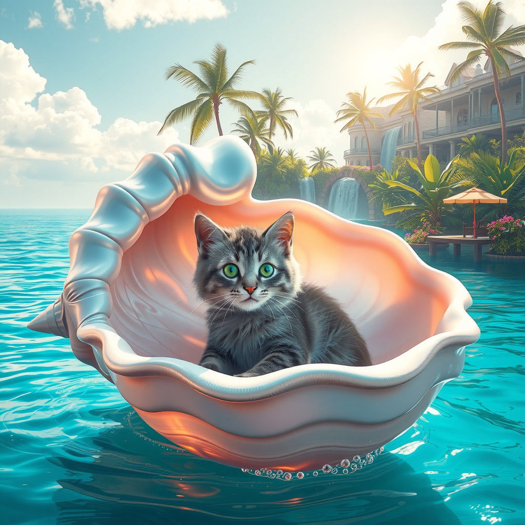 Floating Conch Shell Home with Cat, Digital Art
