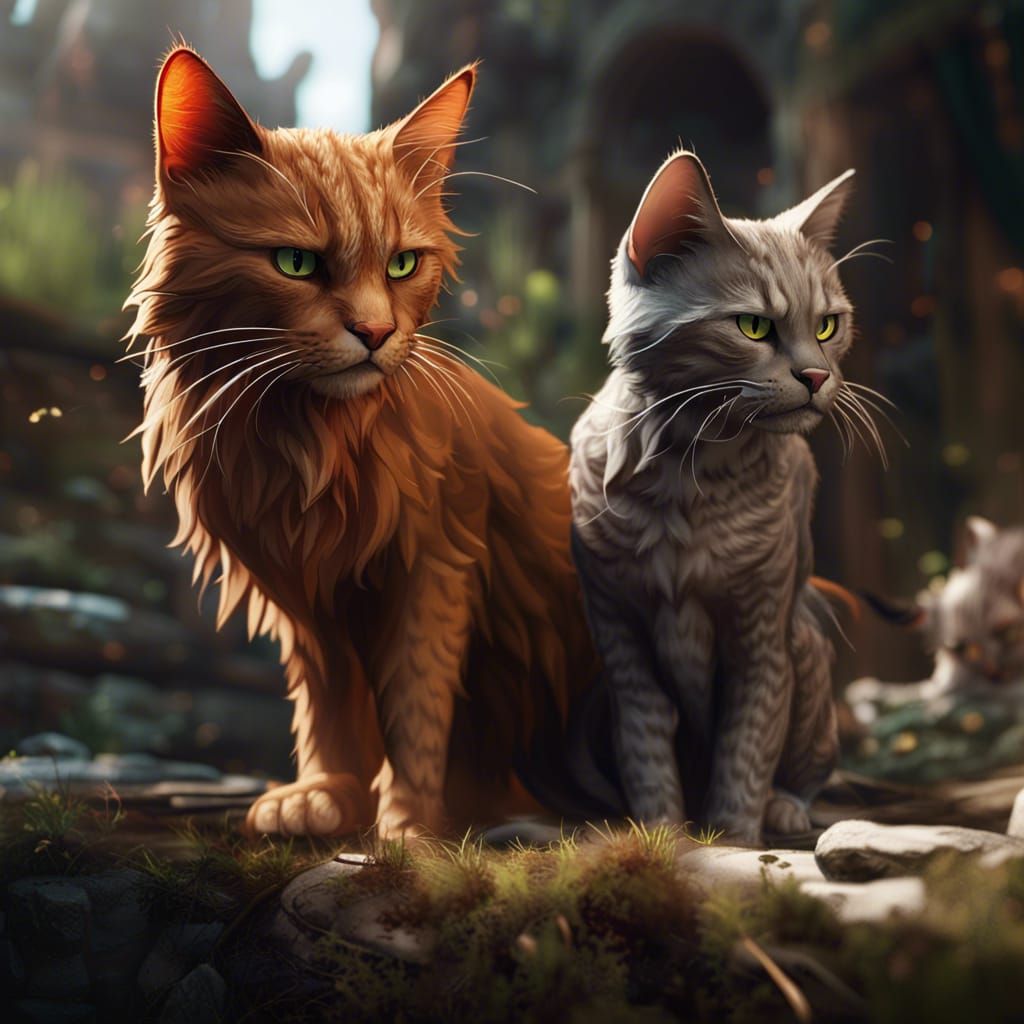 Realistic Warrior Cats Duel in Detailed Matte Painting