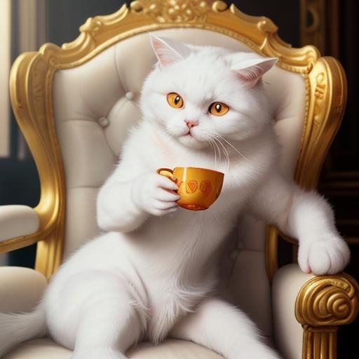 Scottish Fold Cat Sipping Coffee on Golden Chair