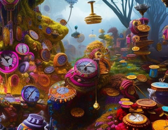 Intricate Polychromatic Clocks in Detailed Splash Art