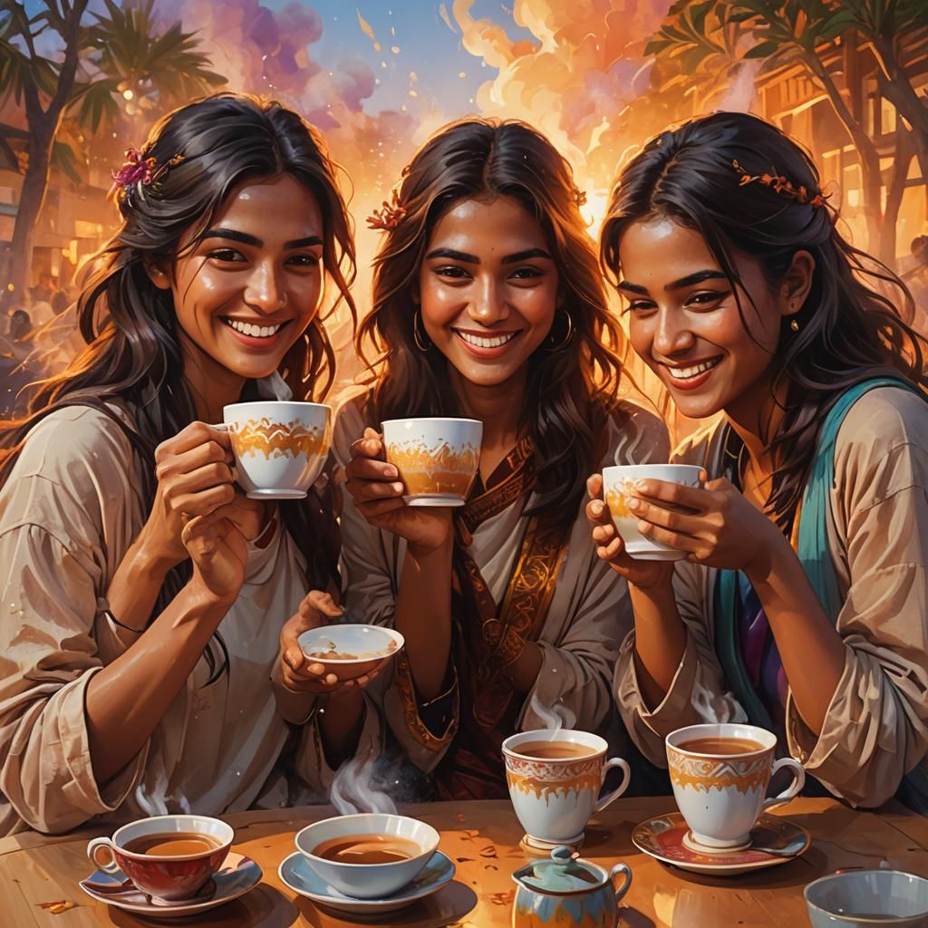 Friends at Sunset with Chai: Digital Art