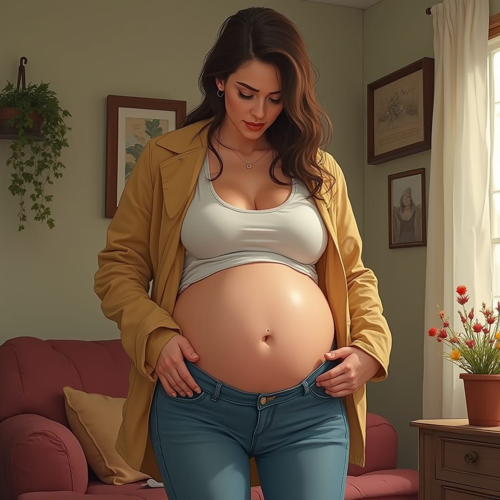 Pregnant Man Struggles with Jeans, Stylized Realism