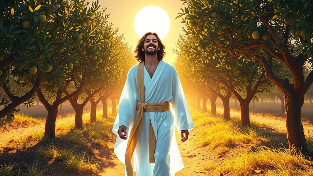 Radiant Teenage Jesus in a Golden Olive Orchard