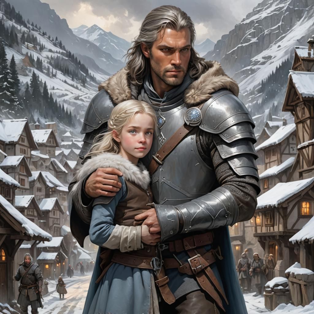 Medieval Father and Daughter in Snowy Village