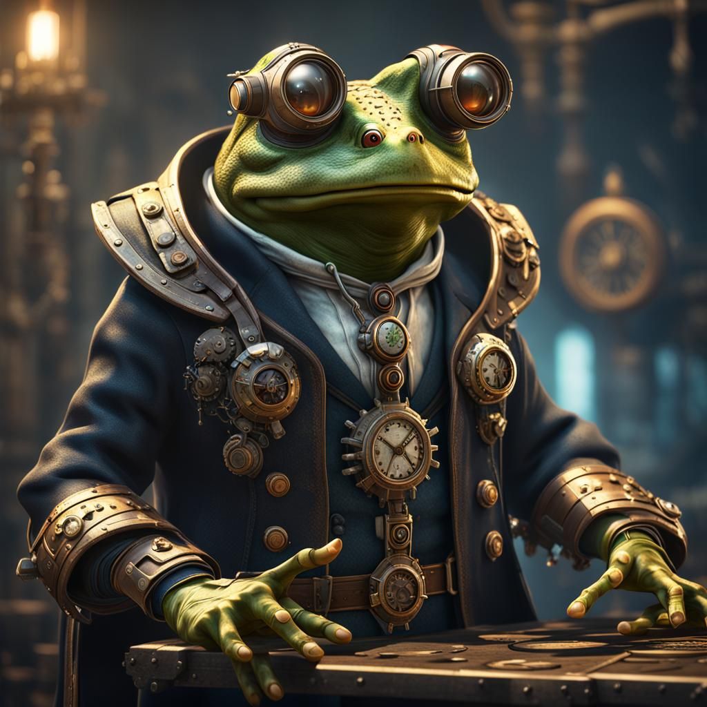 Steampunk Cyborg Frog Priest in 3D Cinematic Style