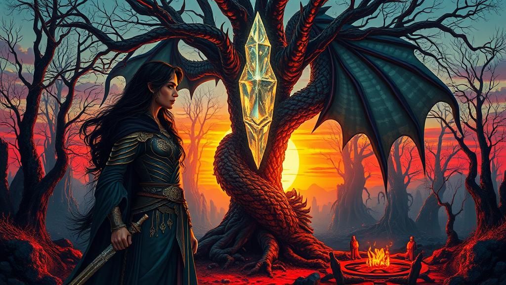Warrior Queen and Dragon in Mystical Forest