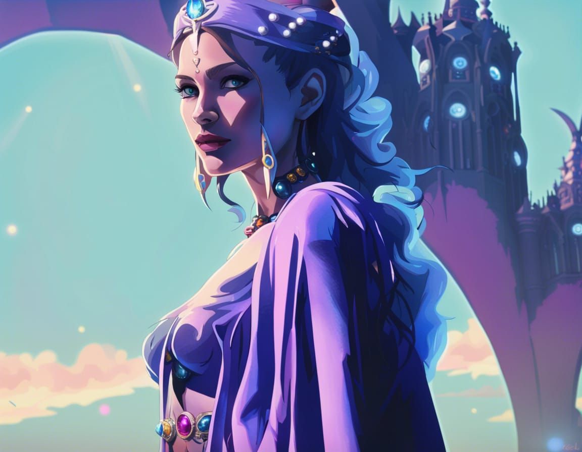 Phororealistic, schala zeal standing outside zeal kingdom, incredible lighting, glowing blue eyes, beautiful jeweled blu...