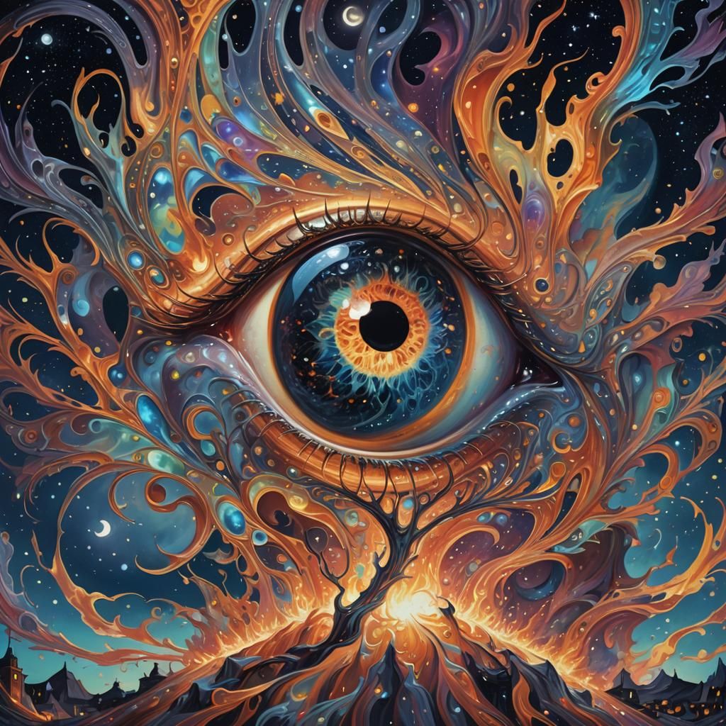 Holographic Chrome Eyeball Moon in Starry Sky