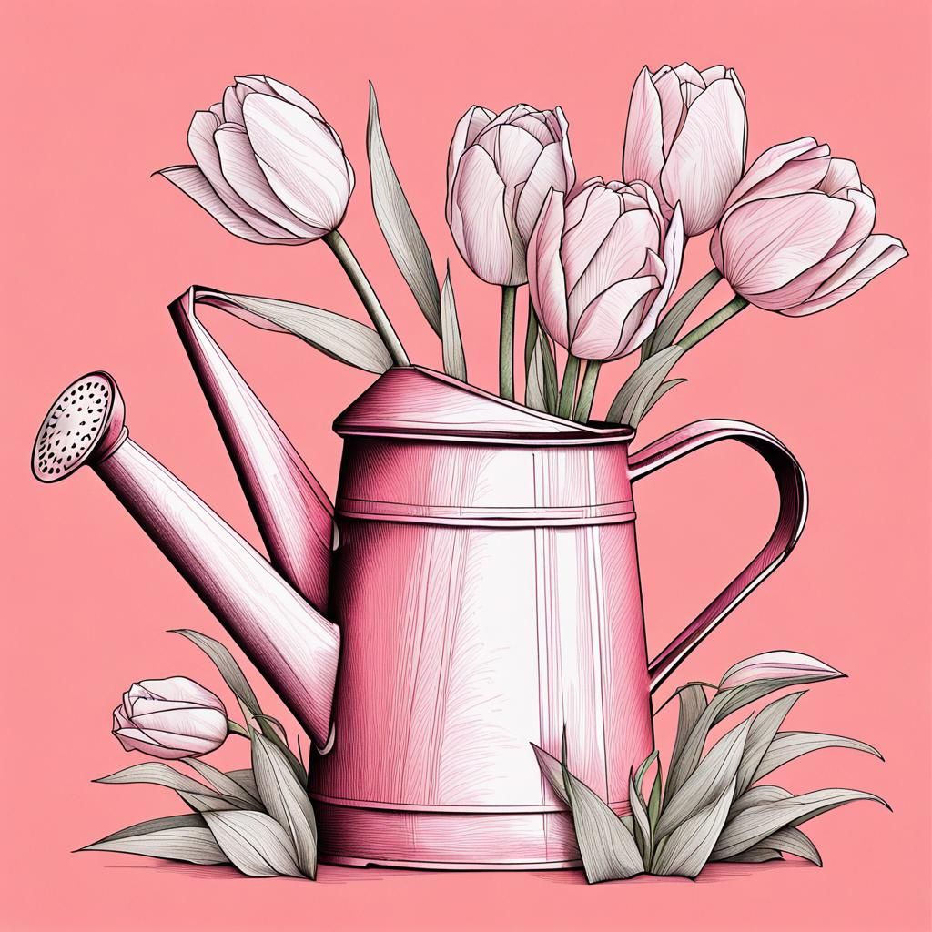 Antique Watering Can with Tulips in Origami Style