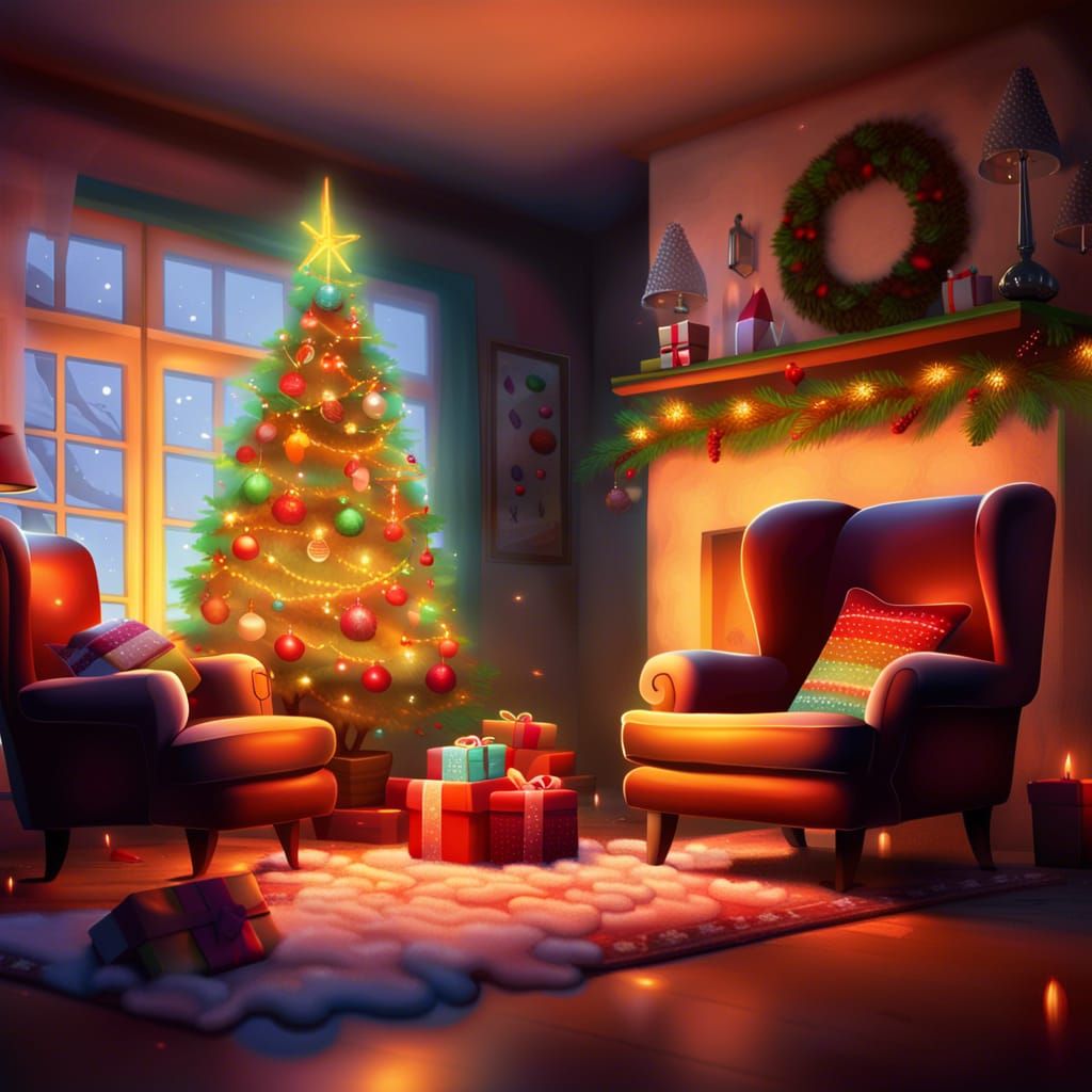 Festive Christmas Living Room in Hyperrealistic Style