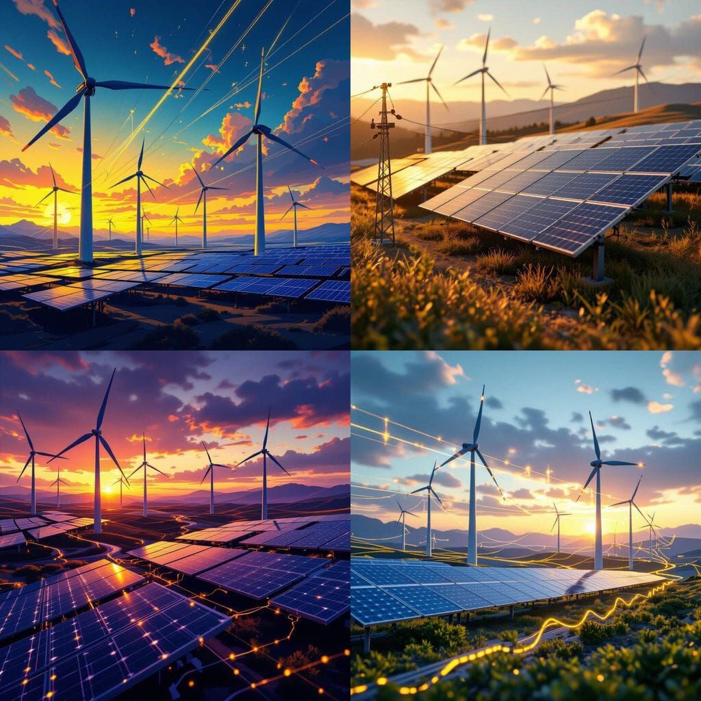 Solar Panels and Wind Turbines Generating Electricity