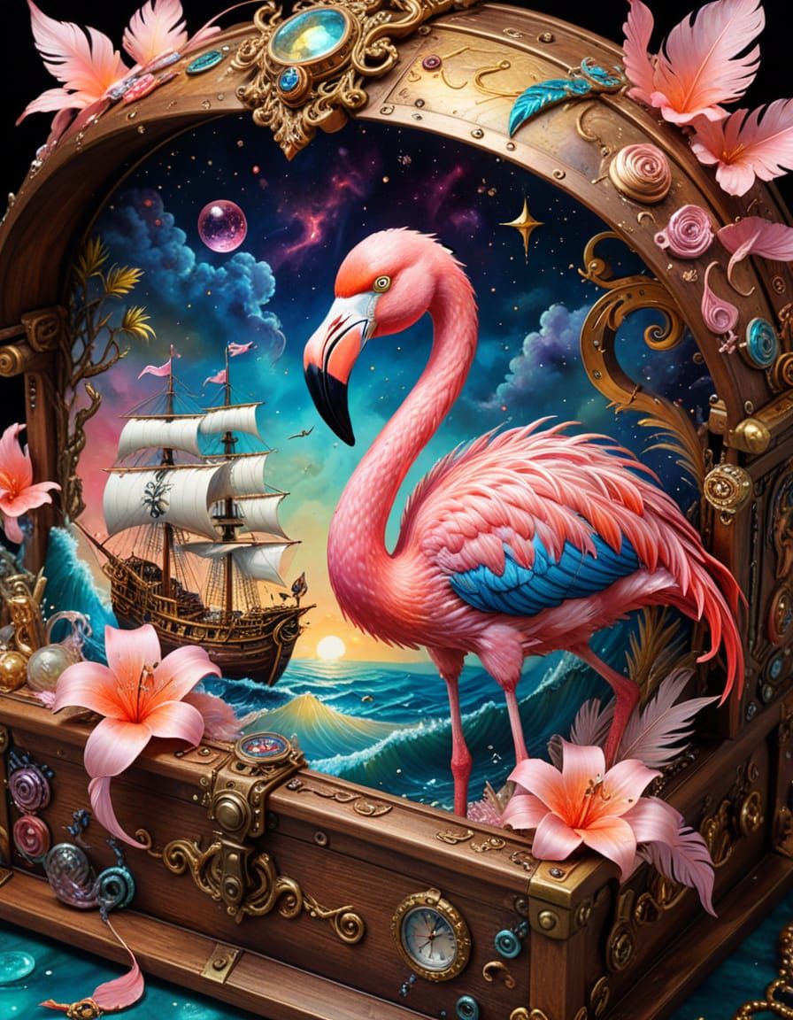 Kaleidoscopic Pink Flamingo Pirate Ship in Surrealist Style