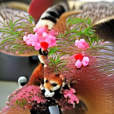 Red Panda Geisha in Bonsai Tree with Flowers