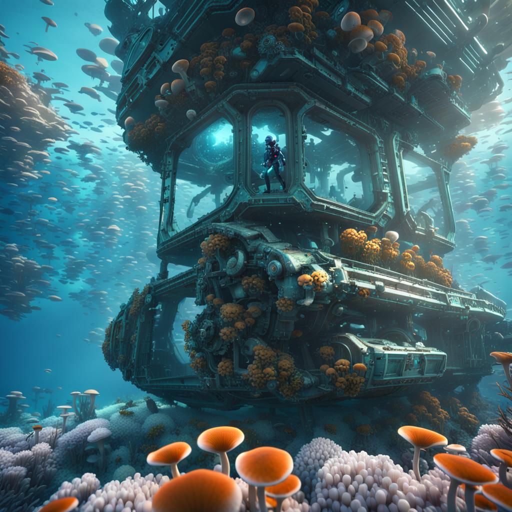 Futuristic Shipwreck and Diving Cat in Blue Ocean