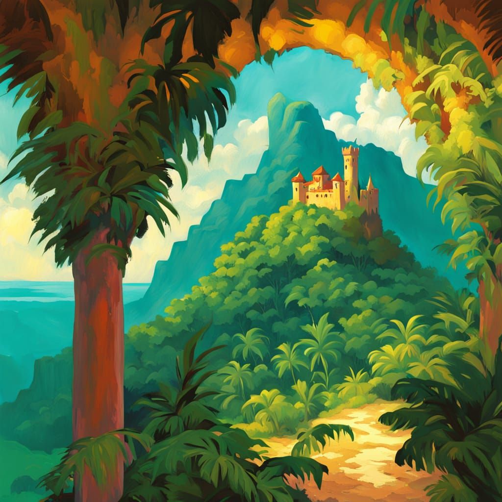 Tropical Castle Overlooking Jungle in Impressionistic Digita...
