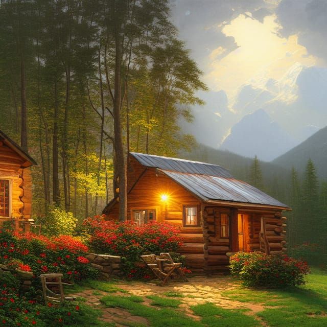 Cozy Cabin in Snowy Landscape as Impasto Painting