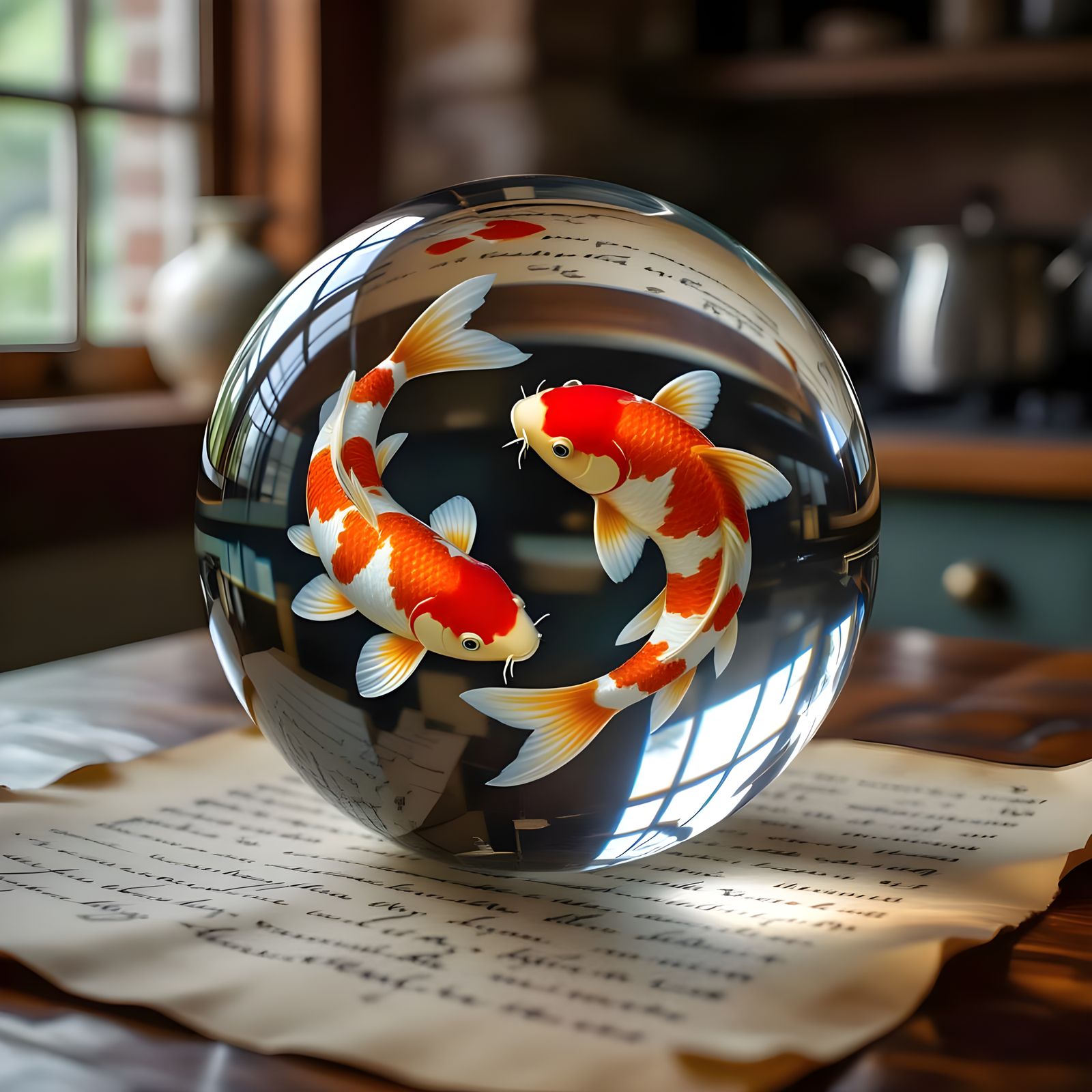 Koi Fish in Glass Sphere on Parchment