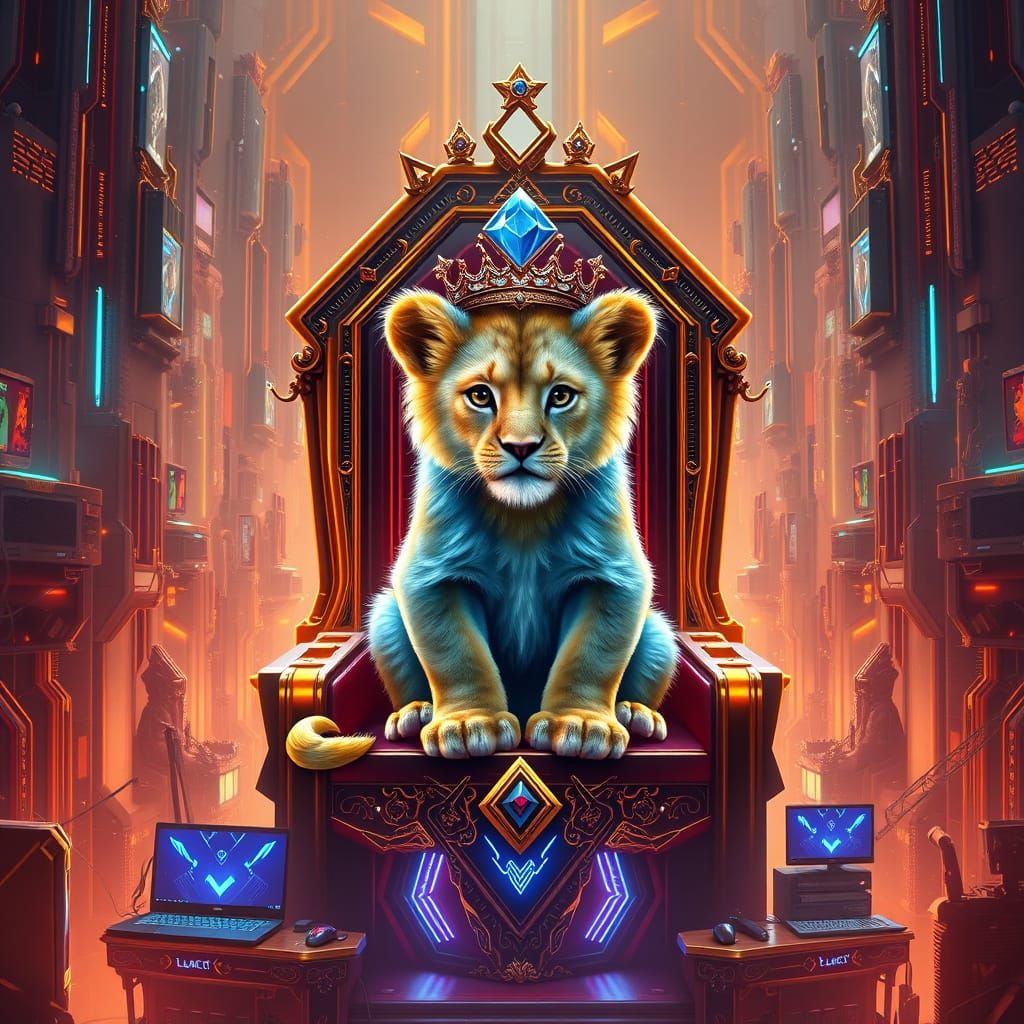Cyberpunk Lion Cub Reigns Over Futuristic Kingdom