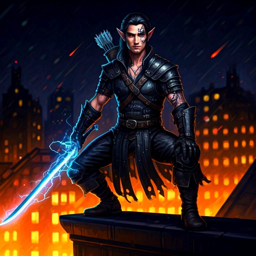 Half-Elf Rogue on Rooftop in Graffiti Art Style