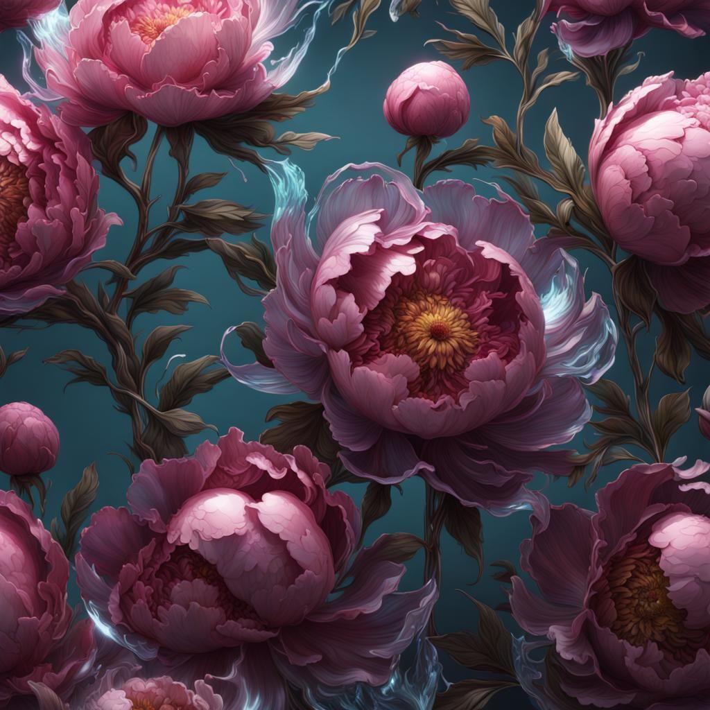 Glass Peonies in Detailed Matte Painting Style