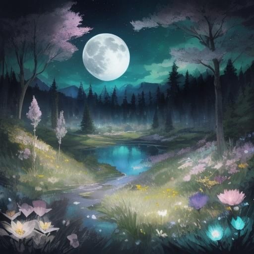 Moonlit Meadow: A Surreal Digital Watercolor
