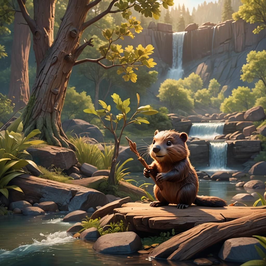 Baby Beaver Building Dam: Pixar Style 3D Render
