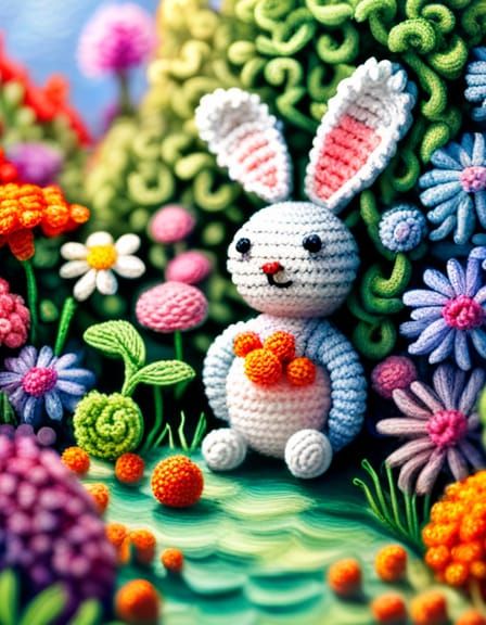 Crocheted Rabbit in Studio Ghibli Garden Illustration