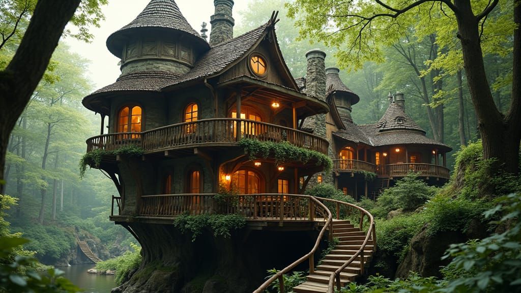 Elven Dwelling in Forest with Ornate Wooden Bridge