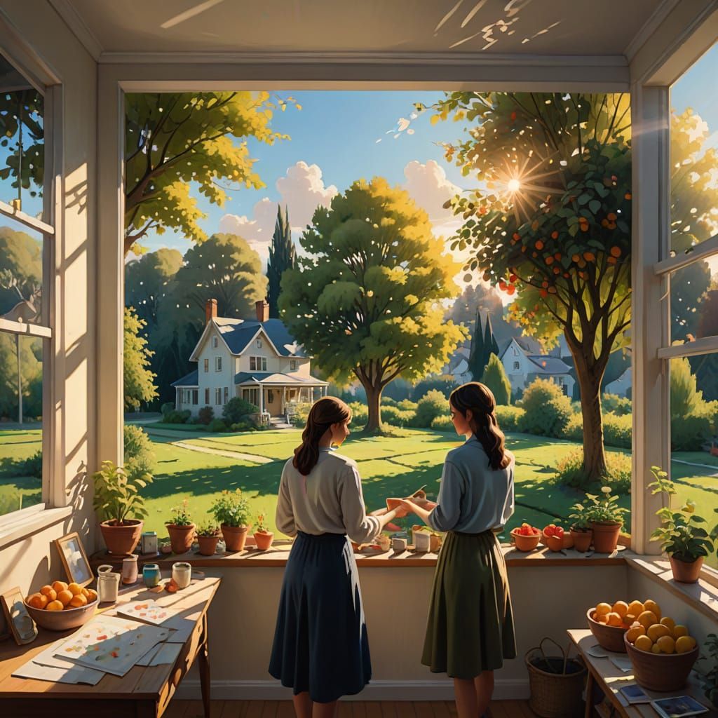 Interior view from a cozy home, 2 ladies doing artwork at th...