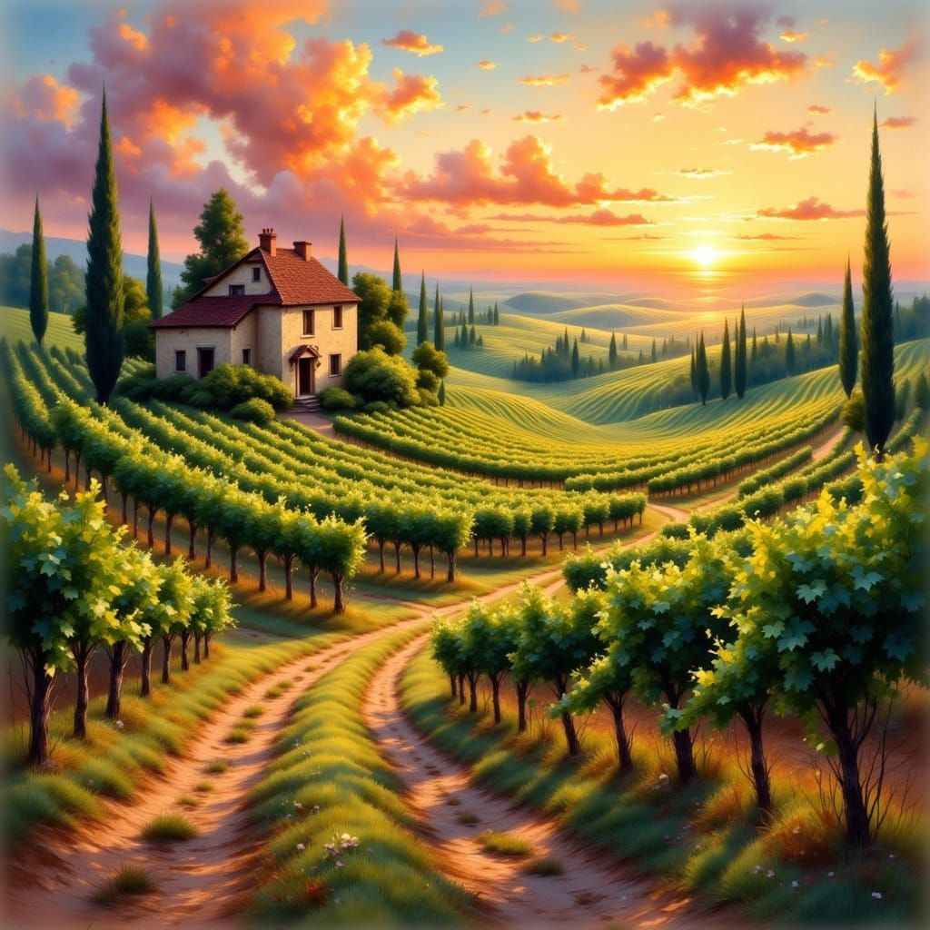Serene Vineyard Landscape at Sunset