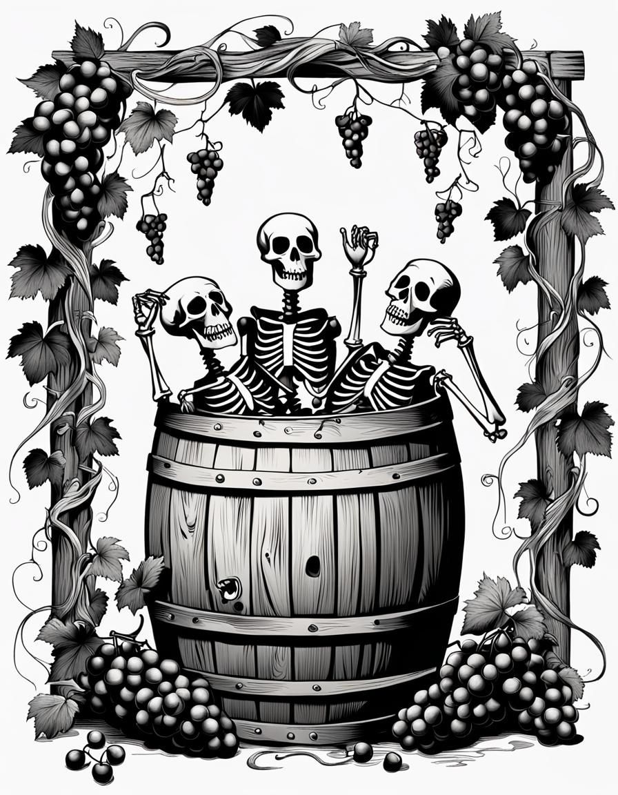 Drunken Skeletons Celebrate in a Barrel of Grapes