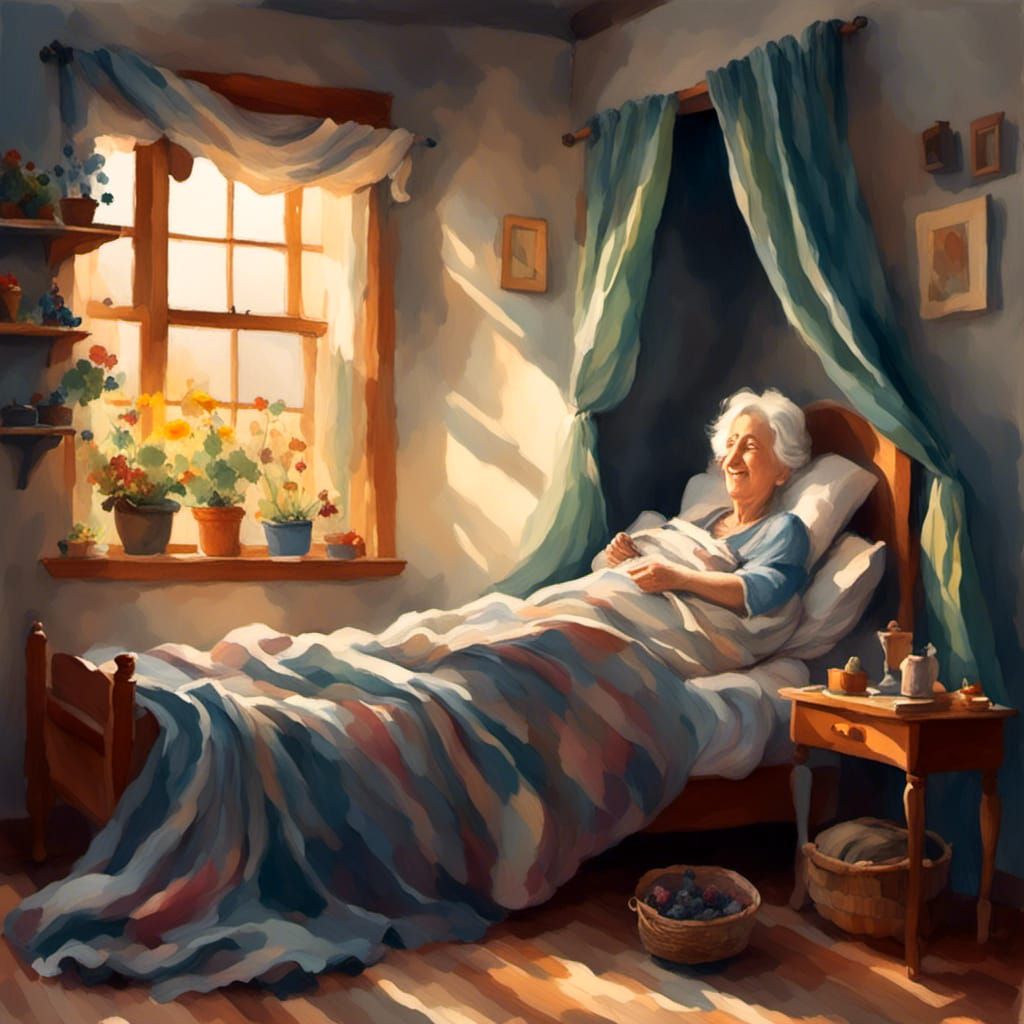 Happy Old Woman in Bed with Sunlight