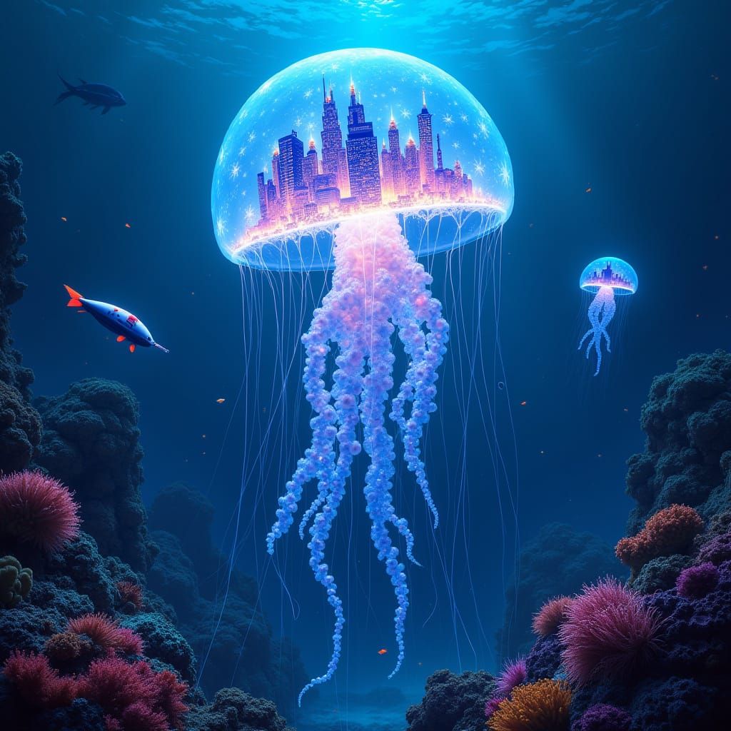 Bioluminescent Jellyfish Drifting Through Coral Reef