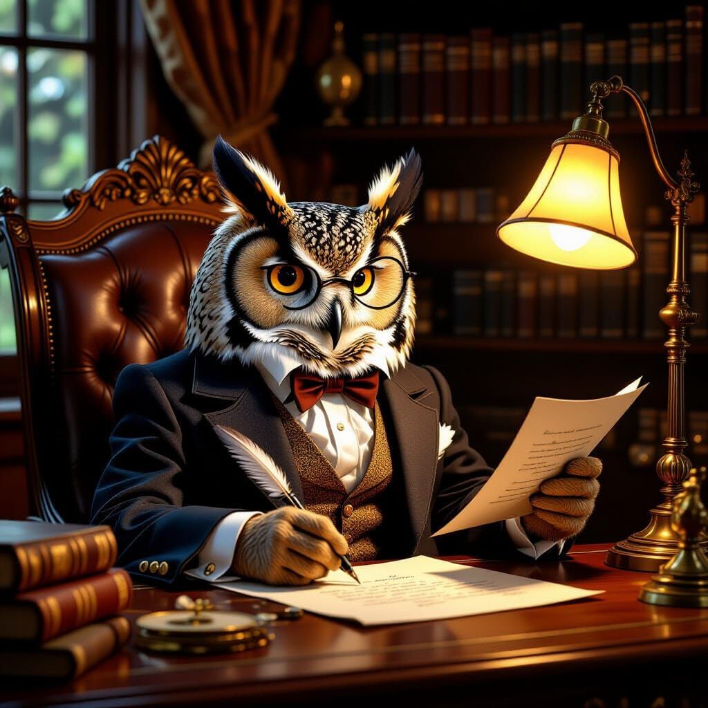 Owl Gentleman Writing Letter in Cozy Study