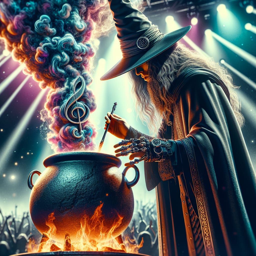Musical Wizard Mixing Potions on Stage in 8K
