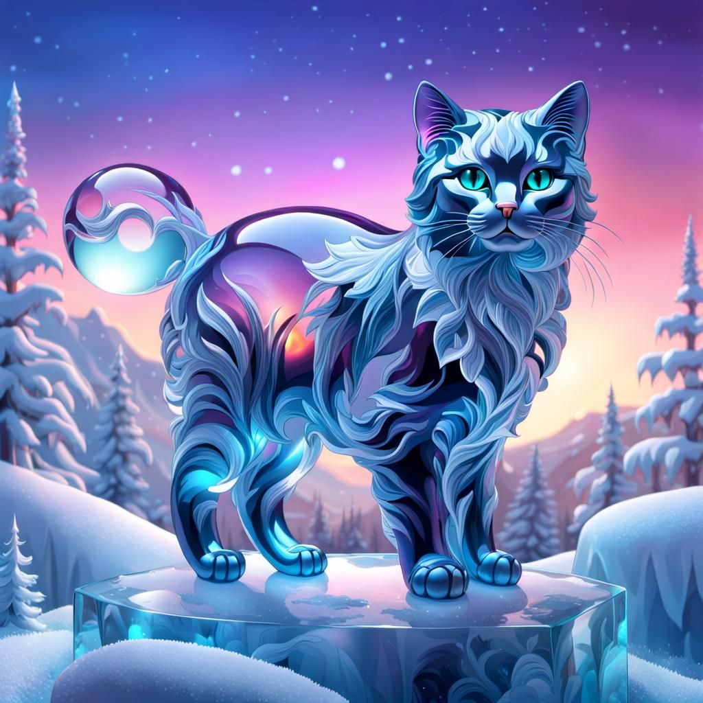 Icy Crystal Cat in Snowy Rococo Landscape
