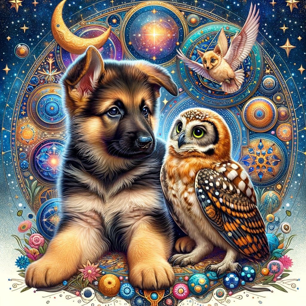 Whimsical German Shepherd Puppy Plays with Owl Friend in Cos...