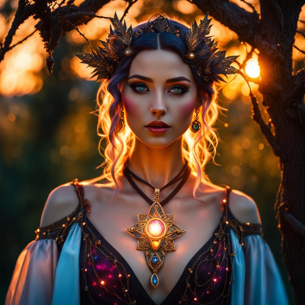 Sorceress Portrait with Magical Pendant at Golden Hour