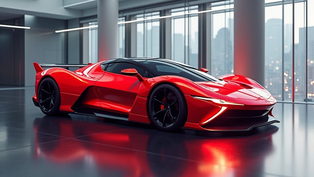Futuristic Crimson Sports Car in Minimalist Showroom