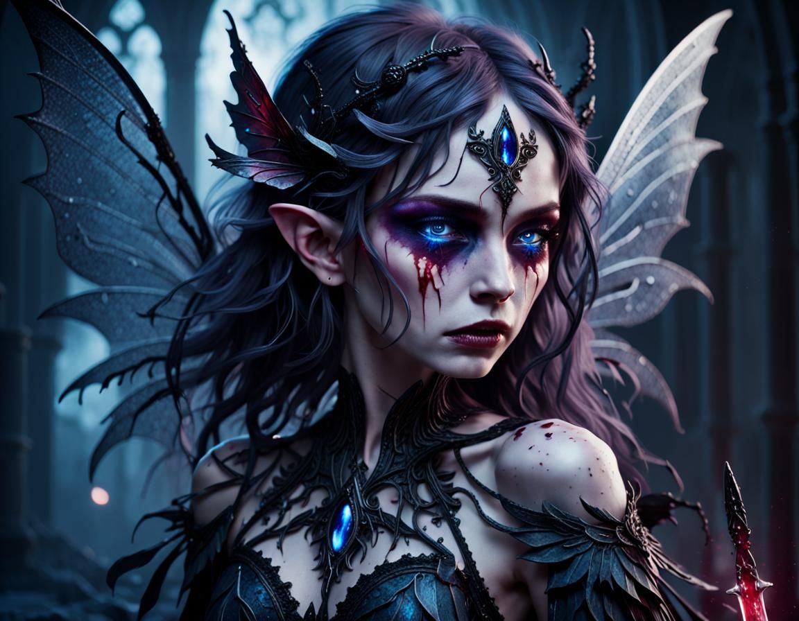 Gothic Fantasy: Exhausted Fairy with Bloodied Sword