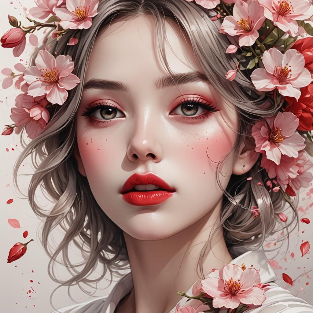 Floral Lips: Hyper-Realistic Anime Portrait