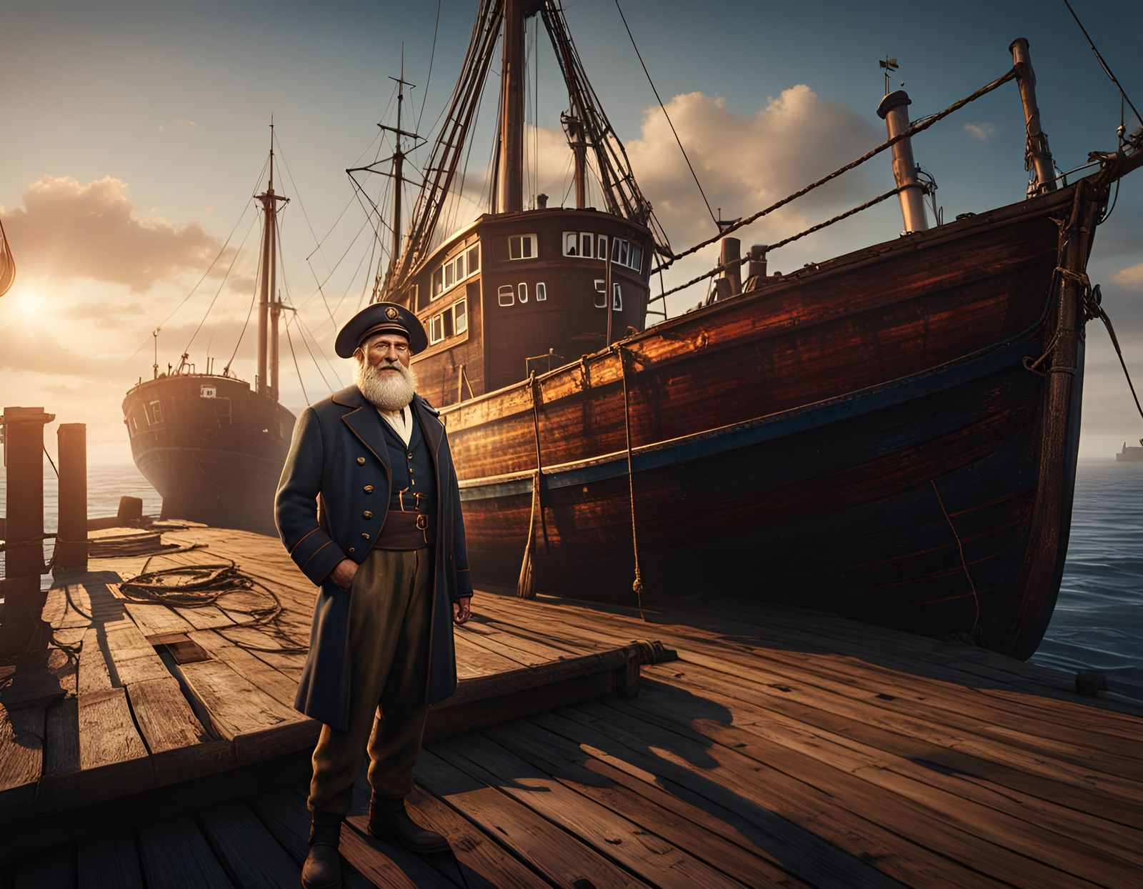 Smiling Sailor on Pier: Detailed Matte Painting