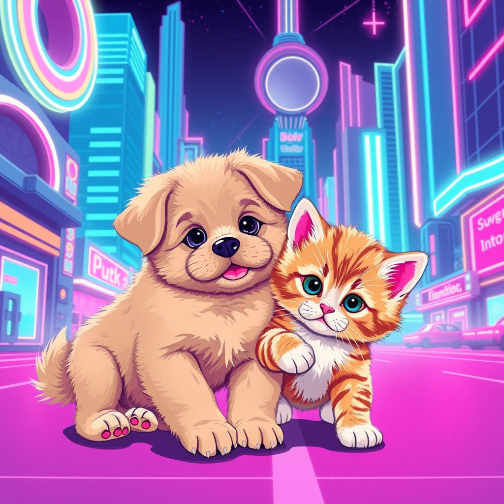 Puppy and Kitten Play in Synthwave Cityscape