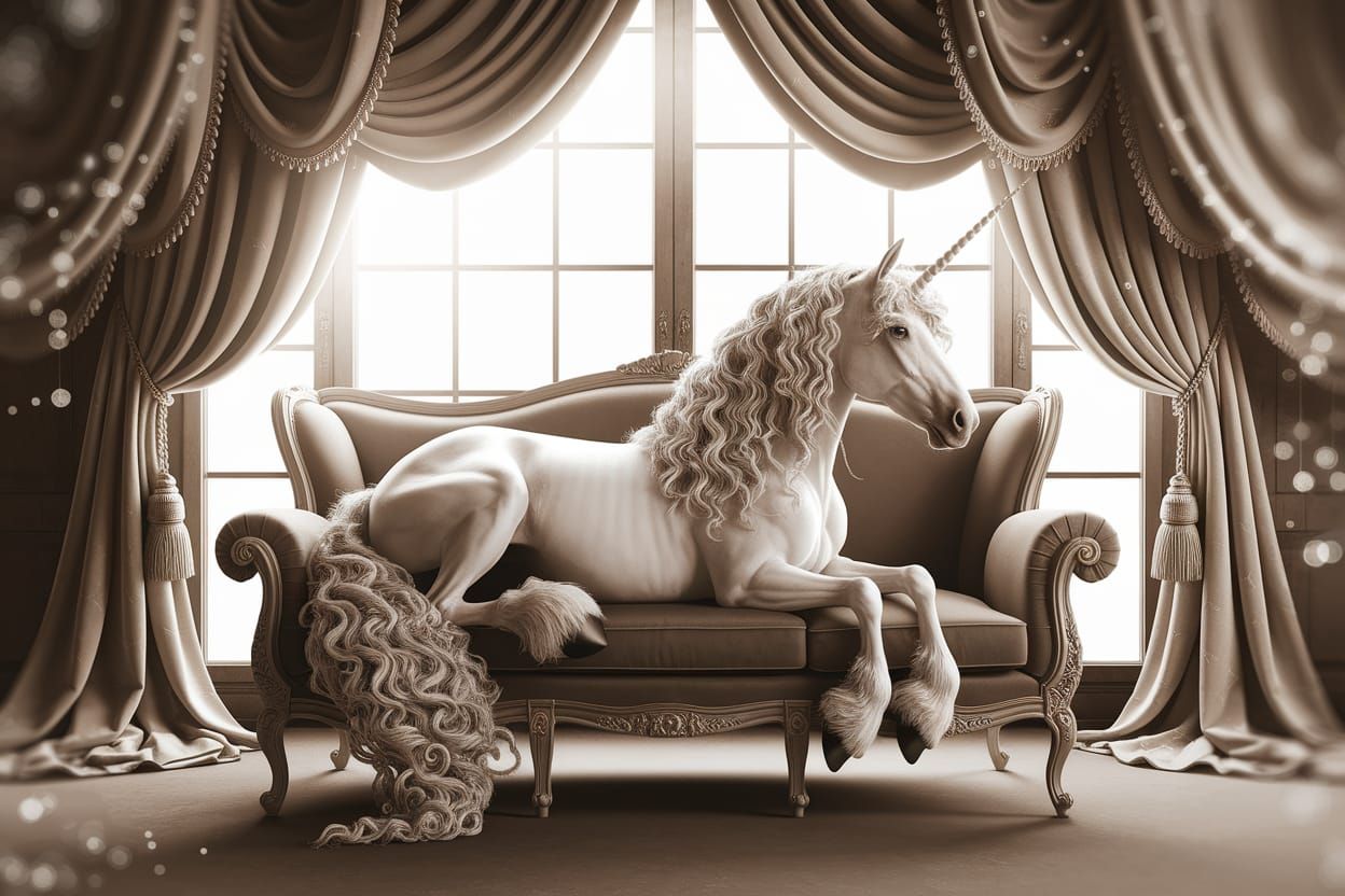 Unicorn Resting on Antique Sofa in Sepia Tones
