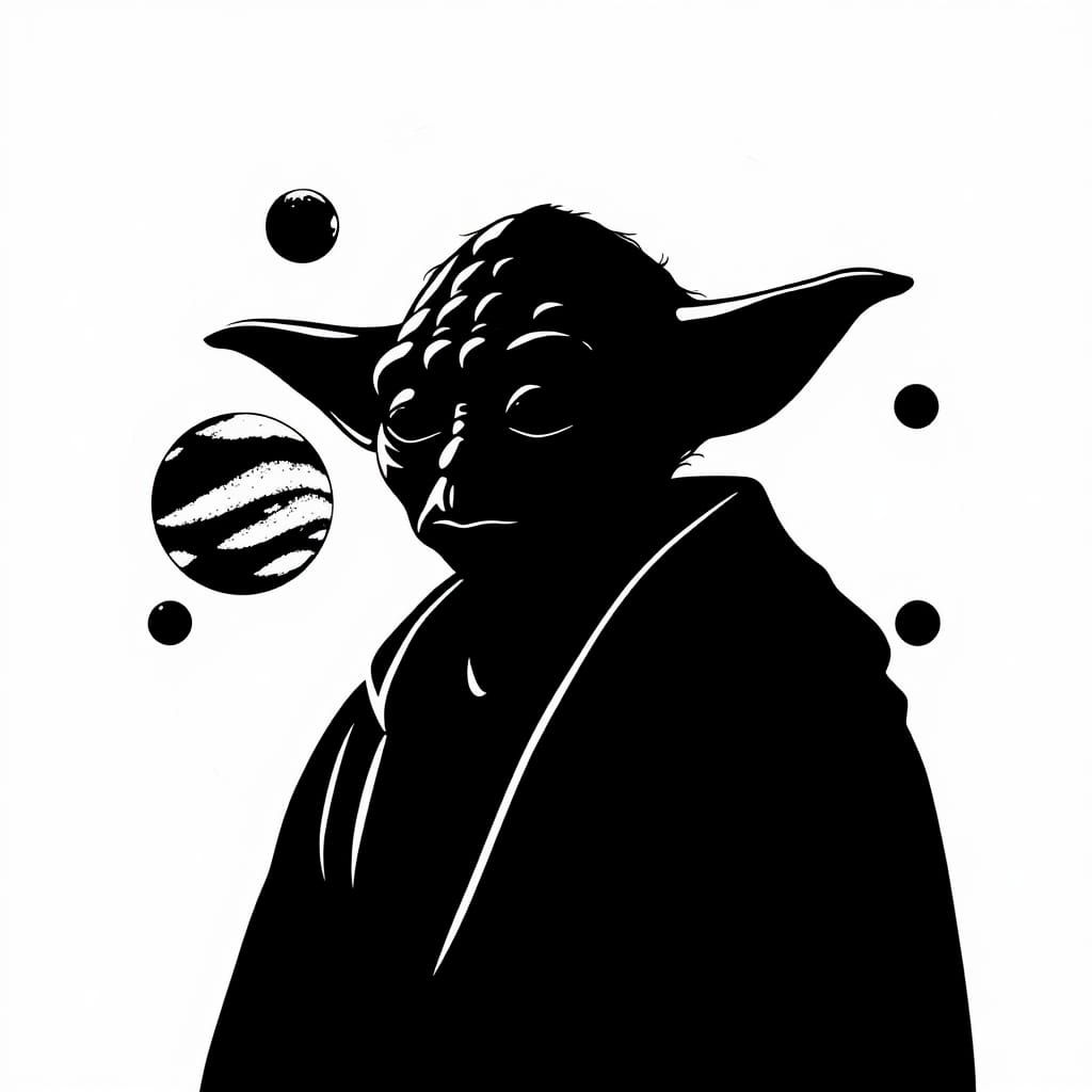 Yoda Silhouette Portrait with Planets, Vector Art