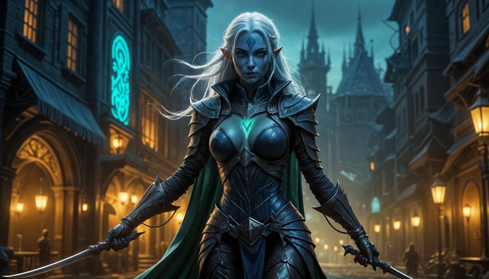 Gorgeous Dark Elf Warrior in Azure Cloak and Intricate Armor